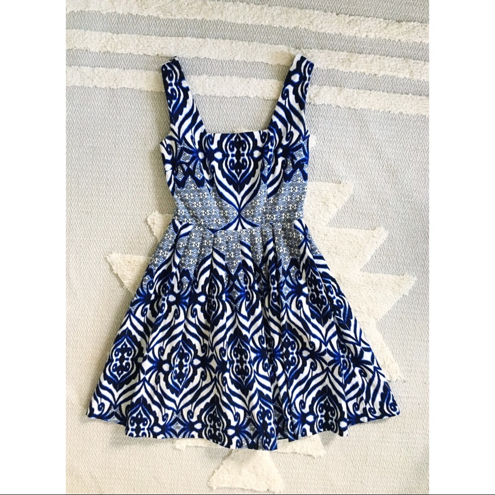 Eva Mendez Fit and Flare Cascading Ikat Dress